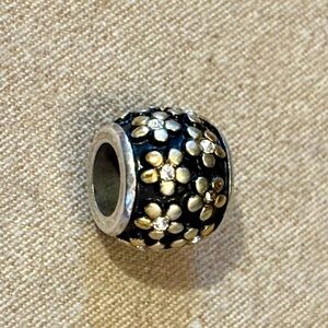 Brighton Night Garden bead Black enamel Gold flowers Crystal accents Retired